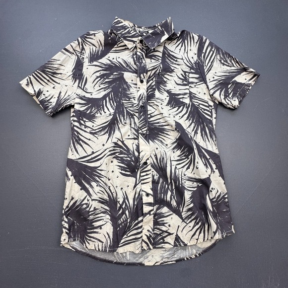 Volcom Button Up Shirt Men's Medium Beige Black Palm Print Hawaiian Modern Fit - Picture 1 of 8